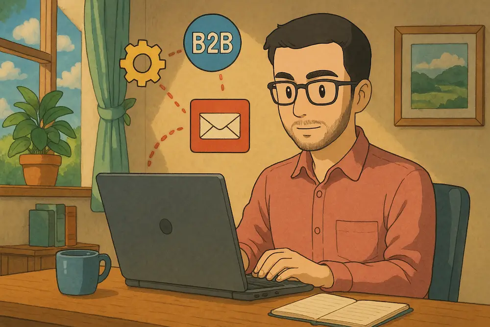 Startup founder using marketing automation dashboard on laptop with workflow and lead management visualizations