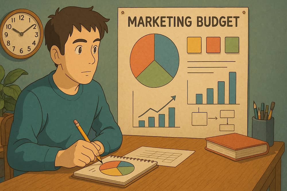 A startup founder planning their marketing budget with a laptop and financial charts