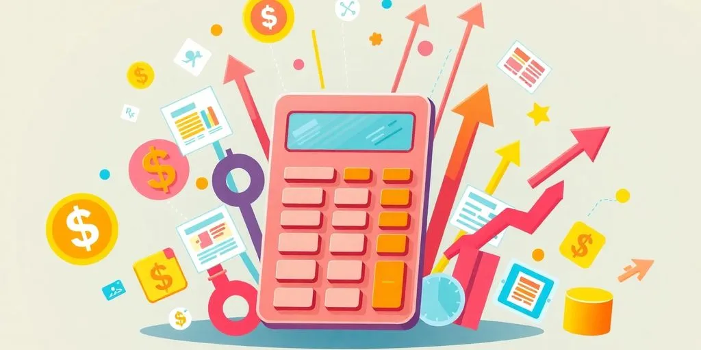 PPC ROI calculator with financial metrics, upward trending arrows, and marketing analytics visualizations