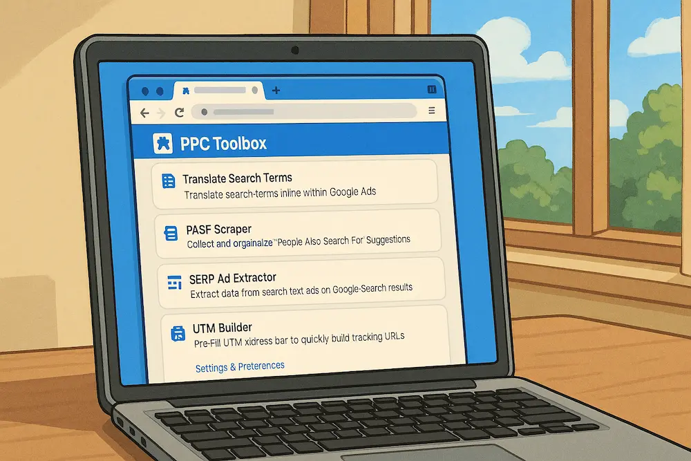 PPC Toolbox Chrome Extension interface with Google Ads automation tools for PPC specialists