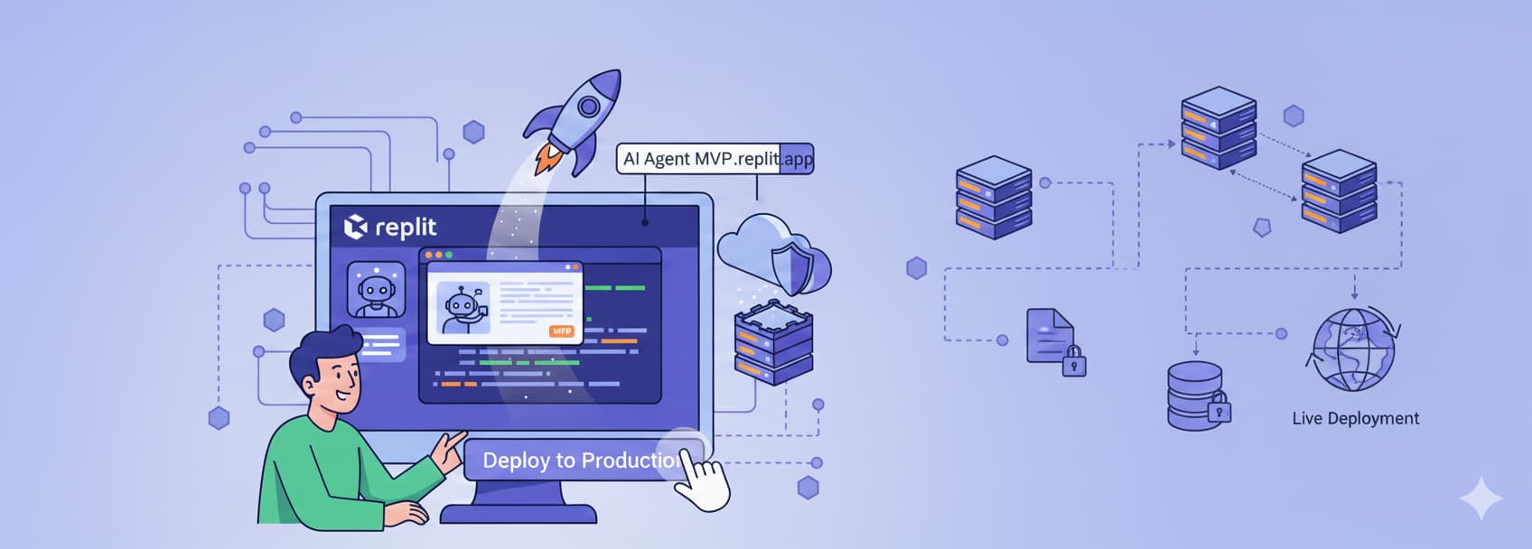 Developer deploying a Replit application to production with AI Agent MVP, showing deployment infrastructure and live databases
