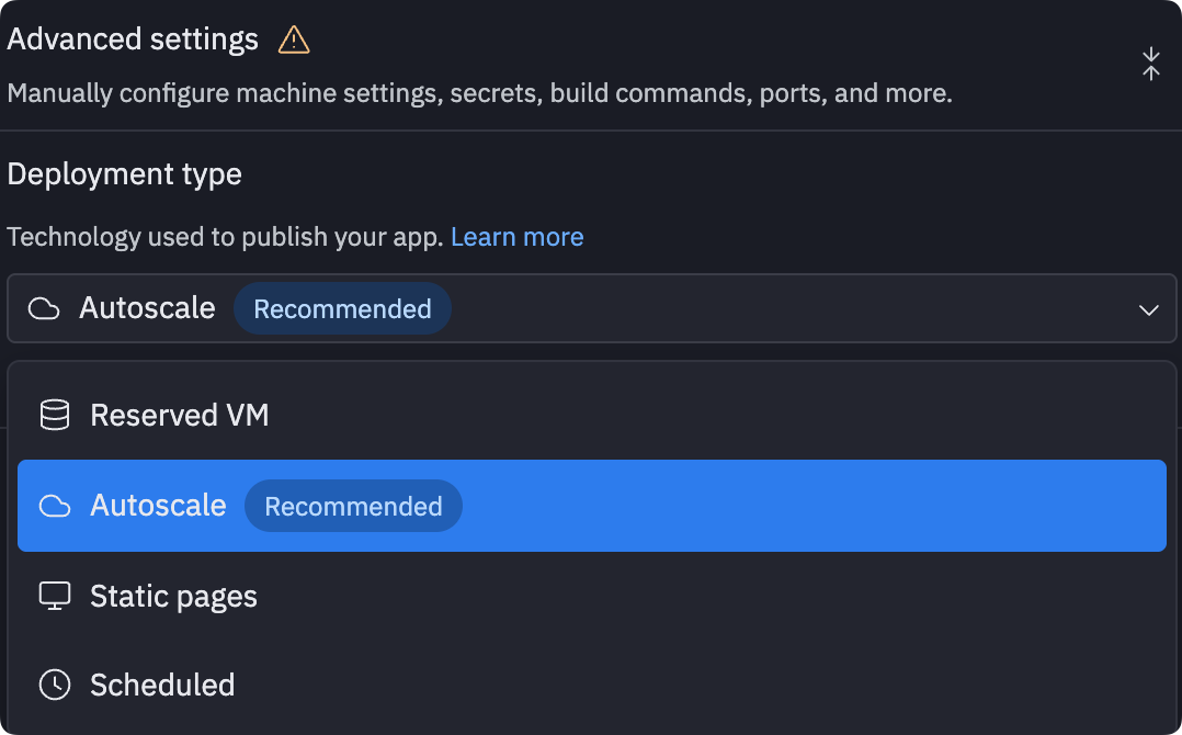 Replit deployment types interface