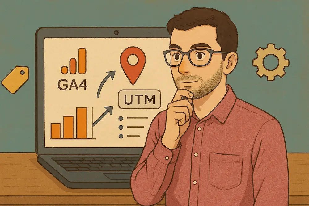 Illustration of a person analyzing marketing data with GA4 and UTM parameters on a laptop screen